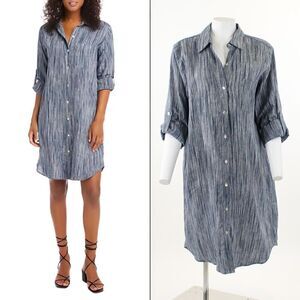 Karen Kane Stripe Long Sleeve Linen Shirtdress in Blue